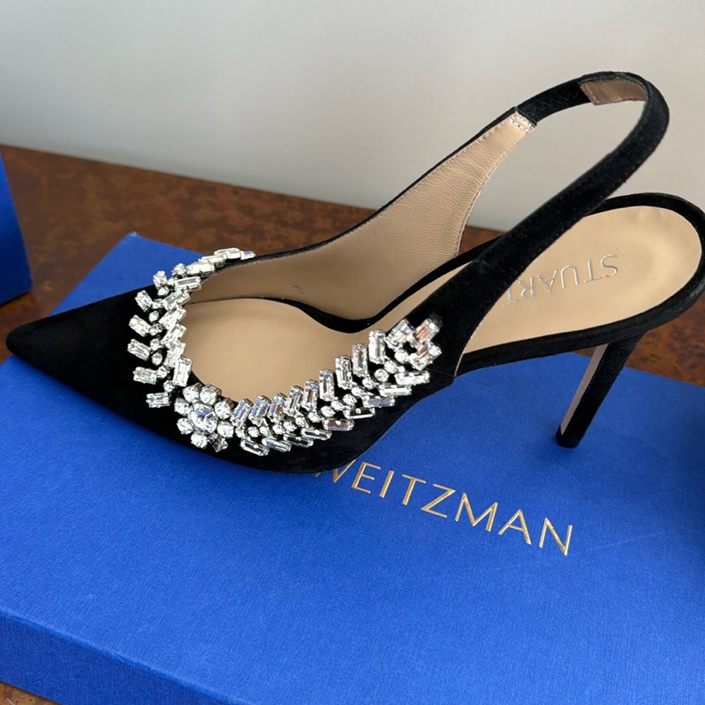 Stuart Weitzman black suede heals with jewel accents -brand new!